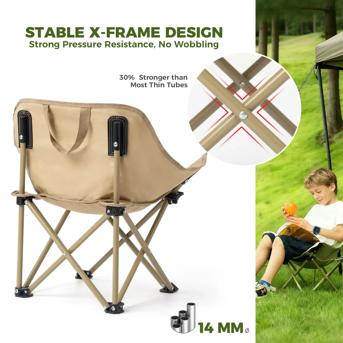 Beige camping chair with stable X-frame design, shown with a child reading a book outdoors.
