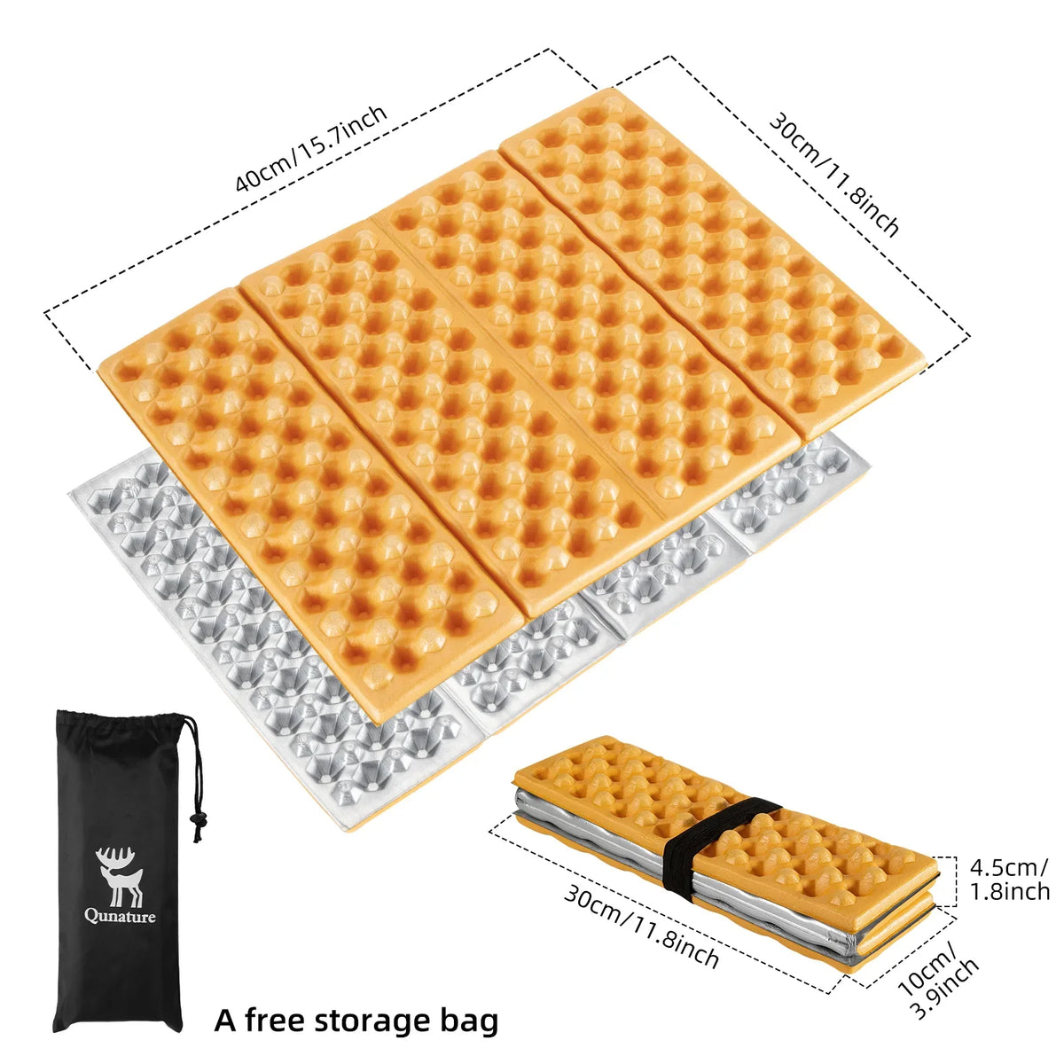 Foldable camping mat with measurements and a free storage bag on a white background