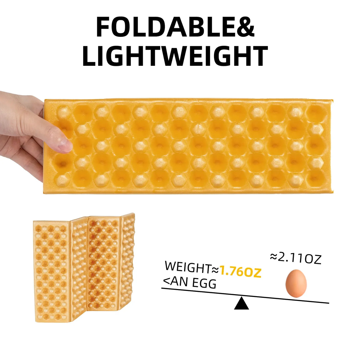 Foldable and lightweight ice cube tray with a hand holding it, showing its size compared to an egg.