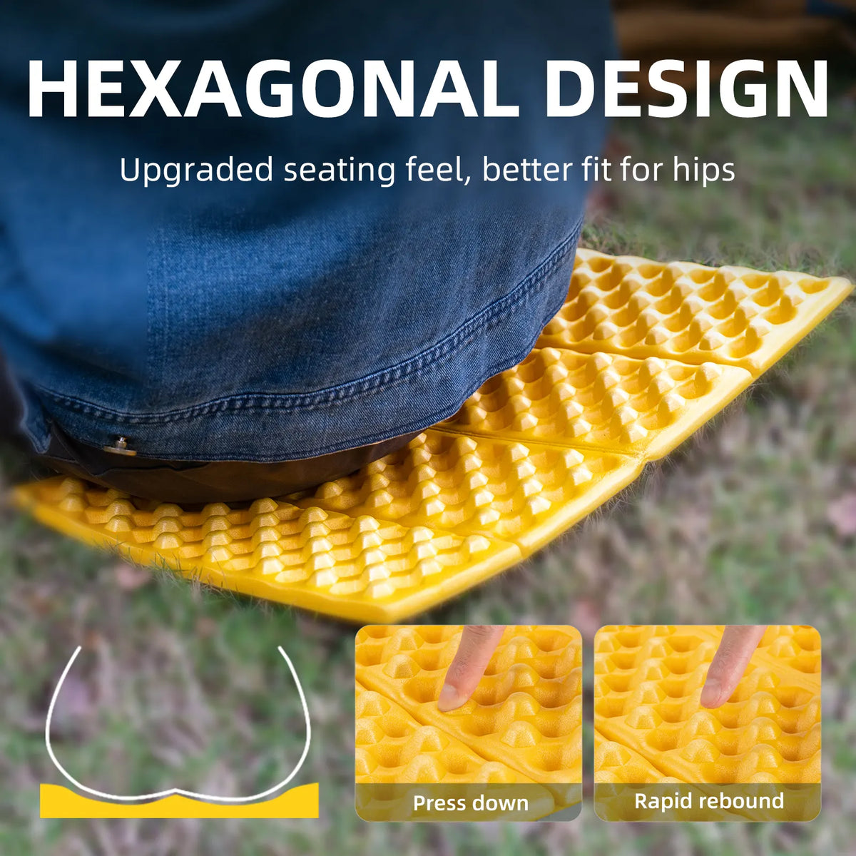 Yellow hexagonal seat mat with text highlighting its design and benefits, used by a person sitting on grass.