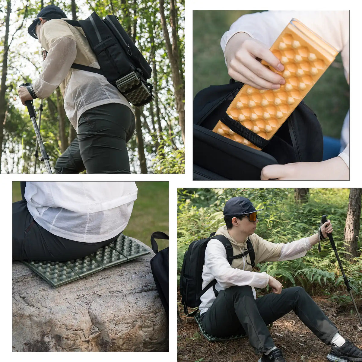 Comparison of inflatable products with time to inflate and deflate, featuring a man with an air pillow, a child with a Qu nature inflatable sleeping pad, a person with a swimming ring, and hands with a vacuum bag.