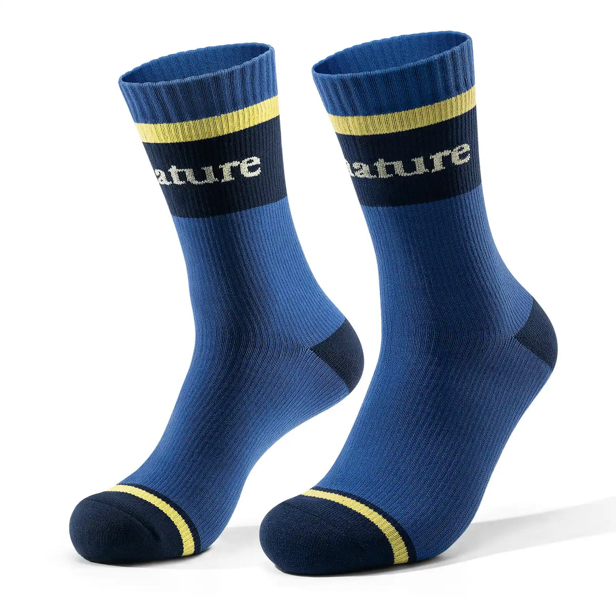 Pair of royal blue socks with dark blue accents on a white background #Color_blue