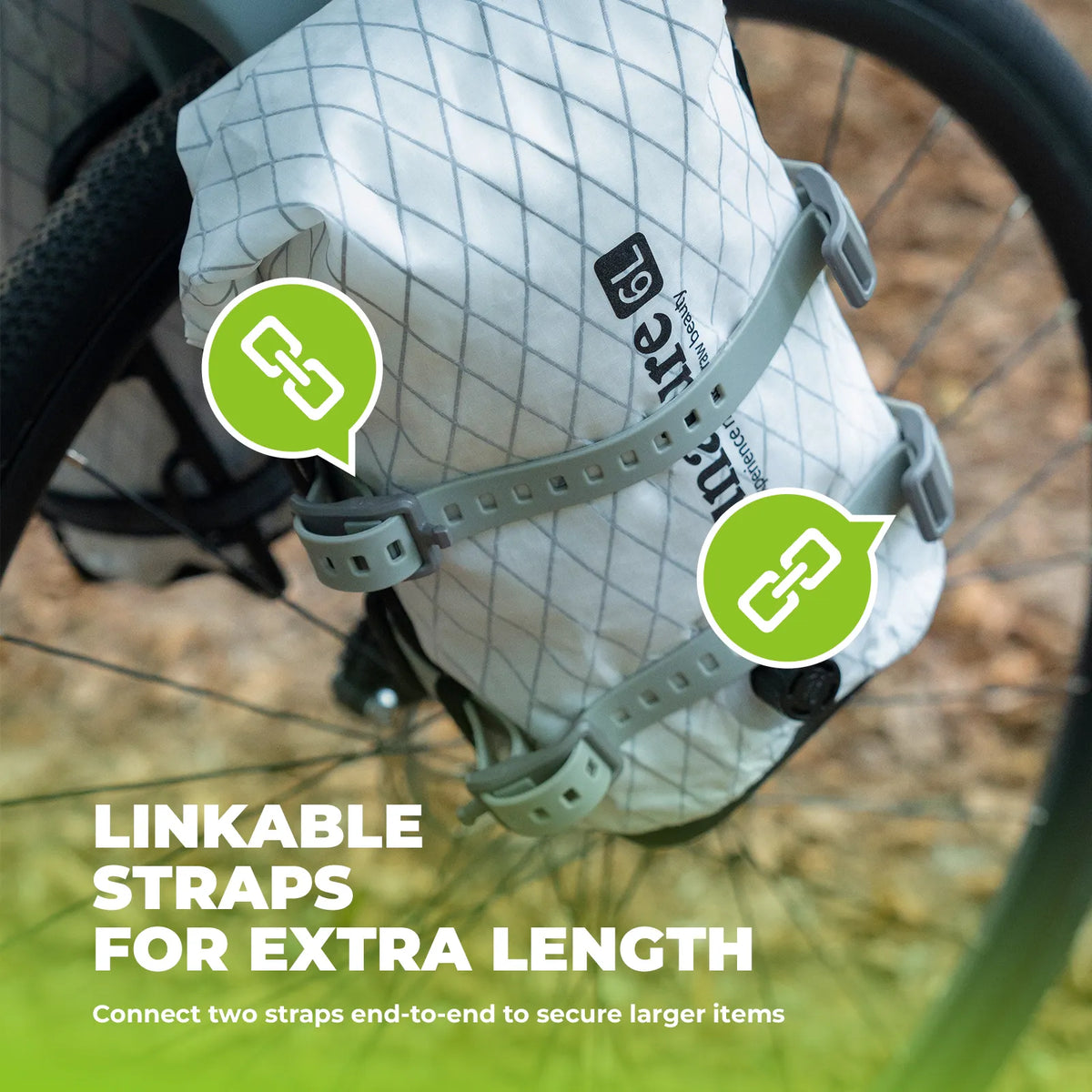 Bicycle saddle bag with linkable straps on a blurred natural background