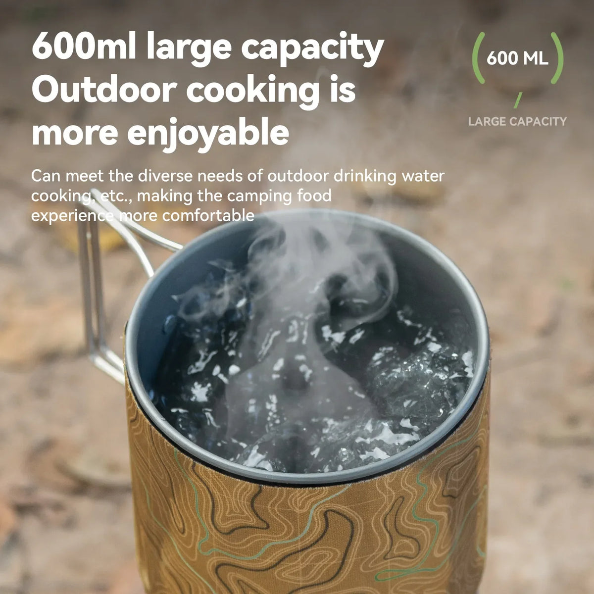 This integrated heat collection stove system has a large capacity of 600ML and can be used to boil water, food, etc.