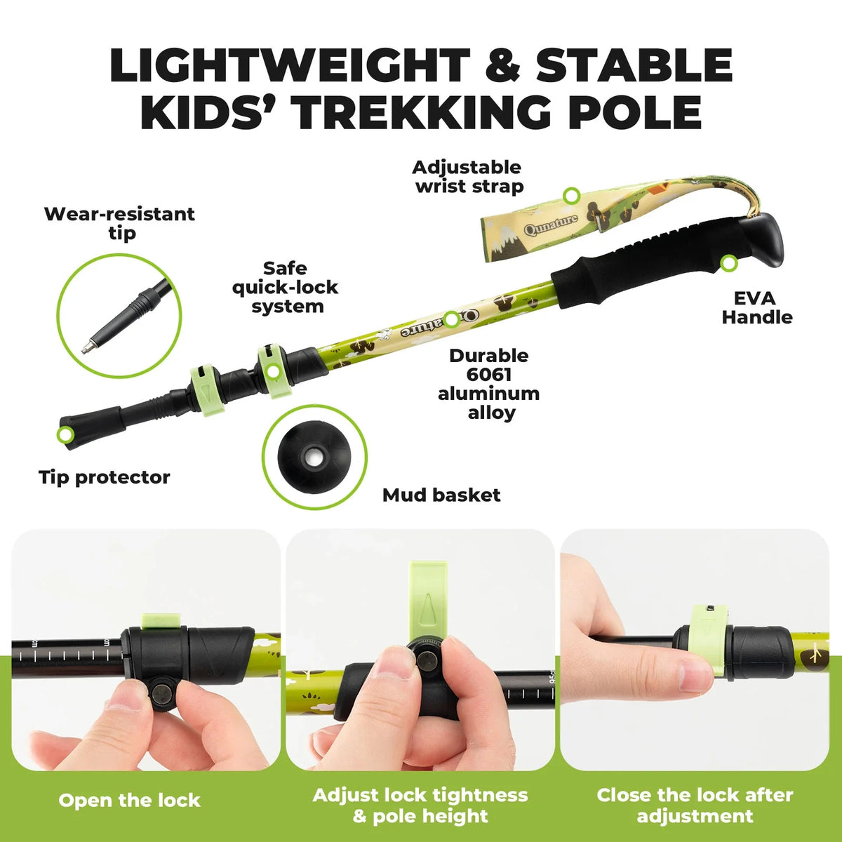 Children's trekking pole with features highlighted on a white background