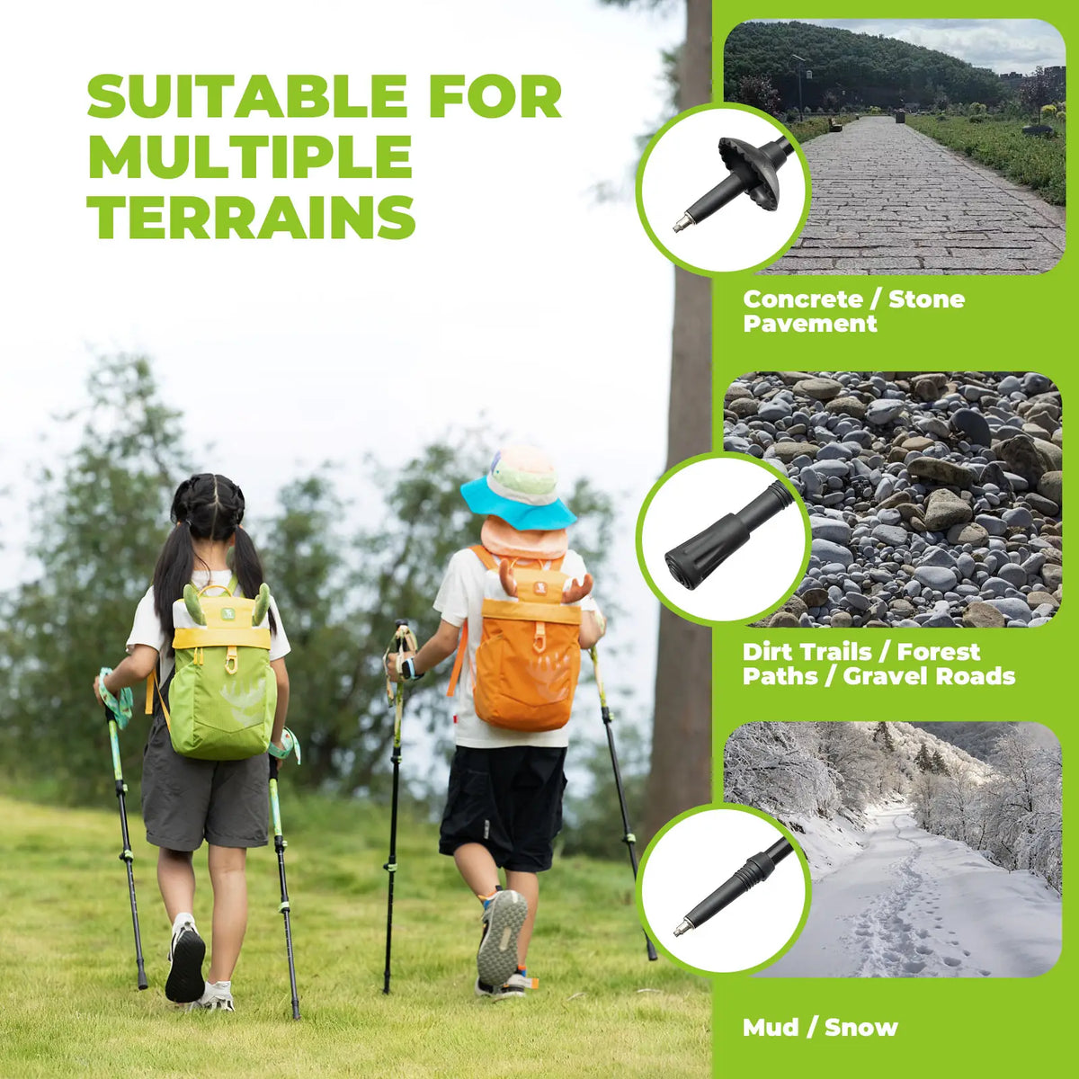 Two people hiking with backpacks and poles on a grassy area, with text about suitable terrains.
