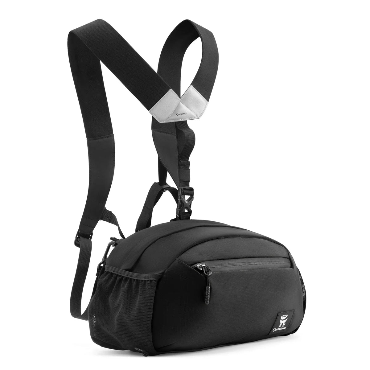 Black crossbody bag with adjustable straps on a white background