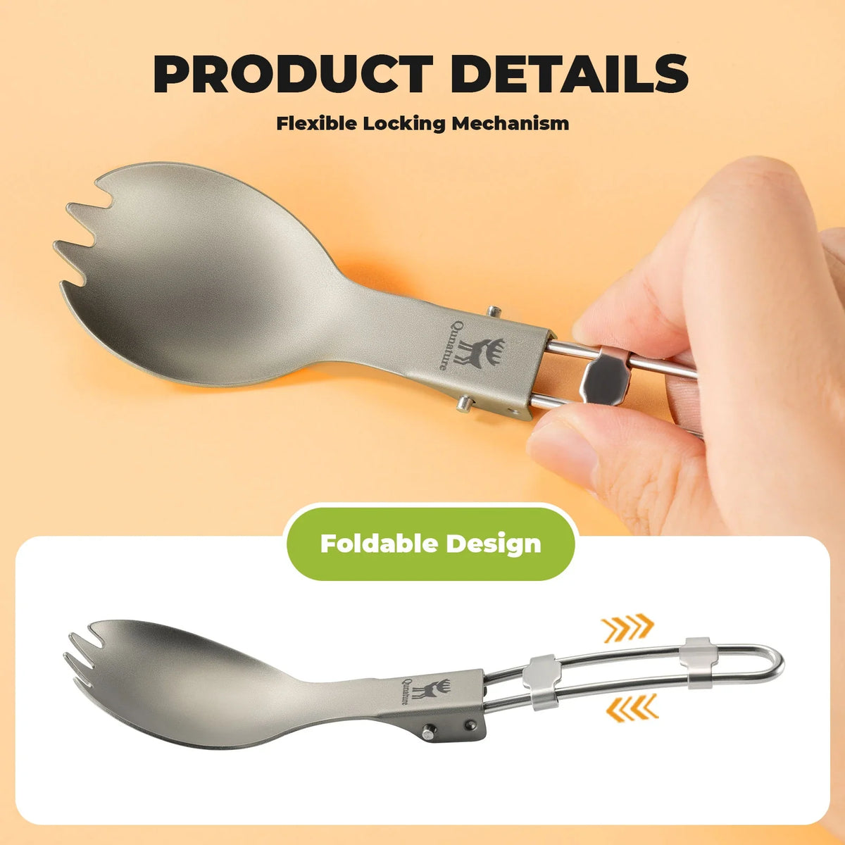 Foldable camping spoon with a hand holding it, on a beige background.