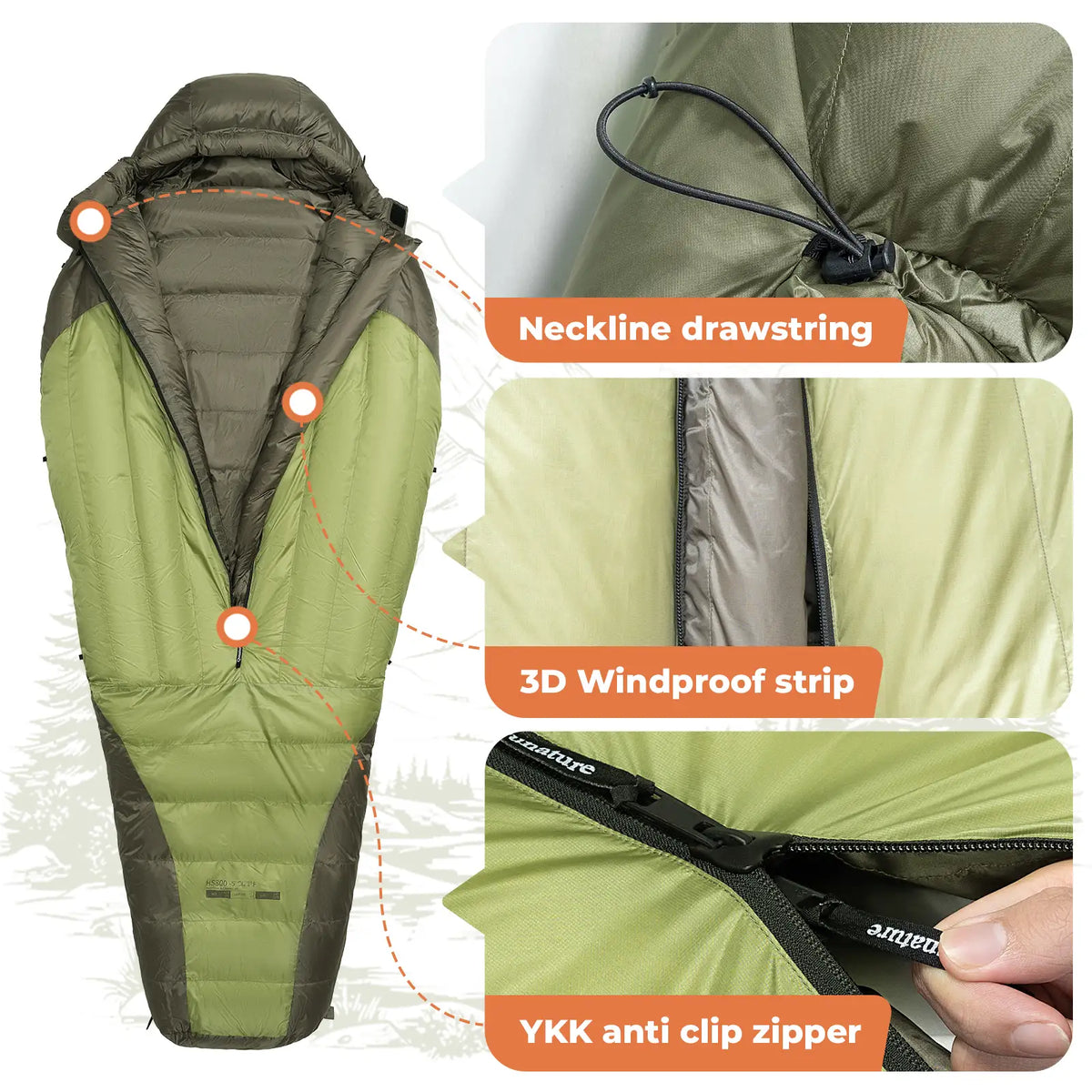 Green sleeping bag with features highlighted on a white background