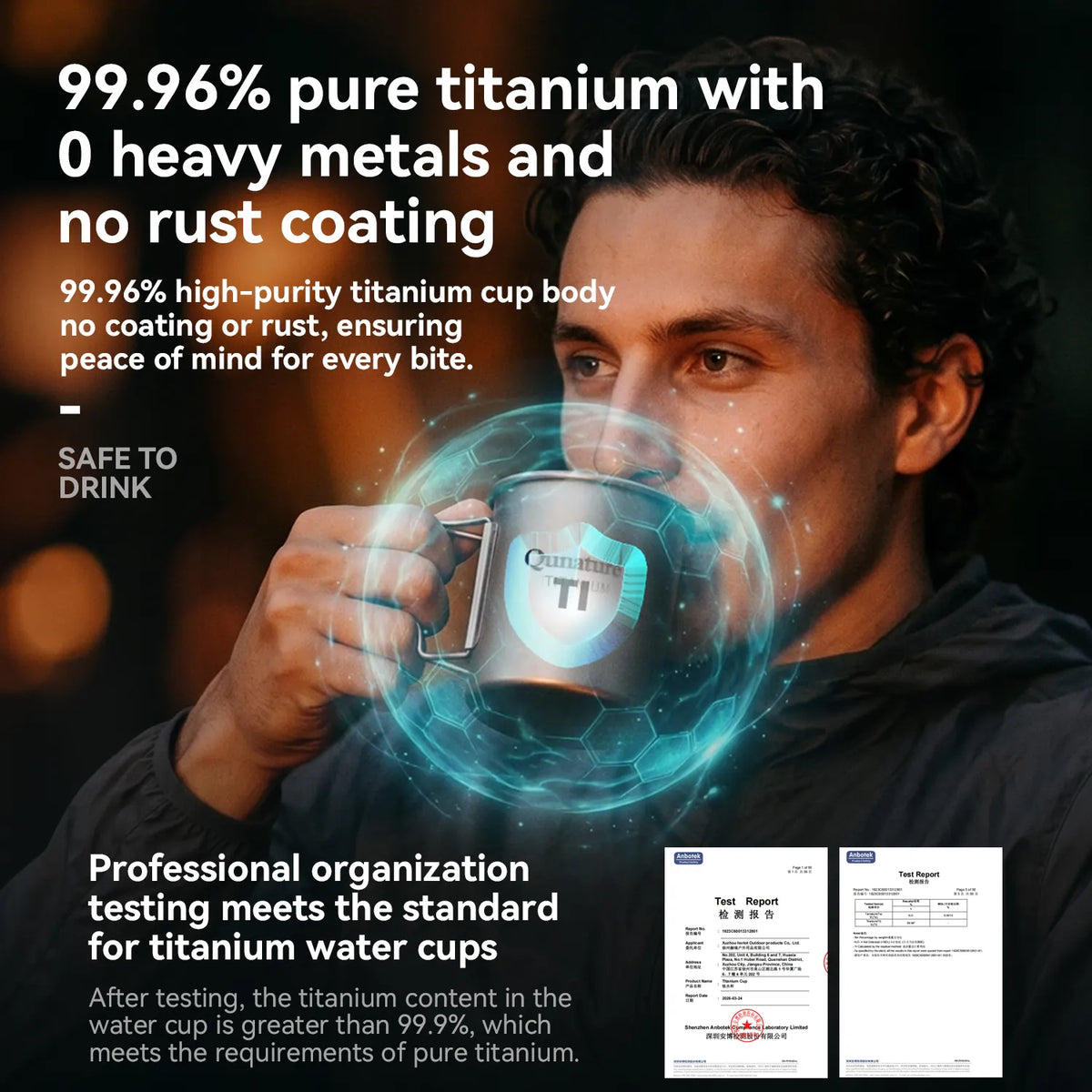 Person holding a titanium water cup with text about its purity and safety.