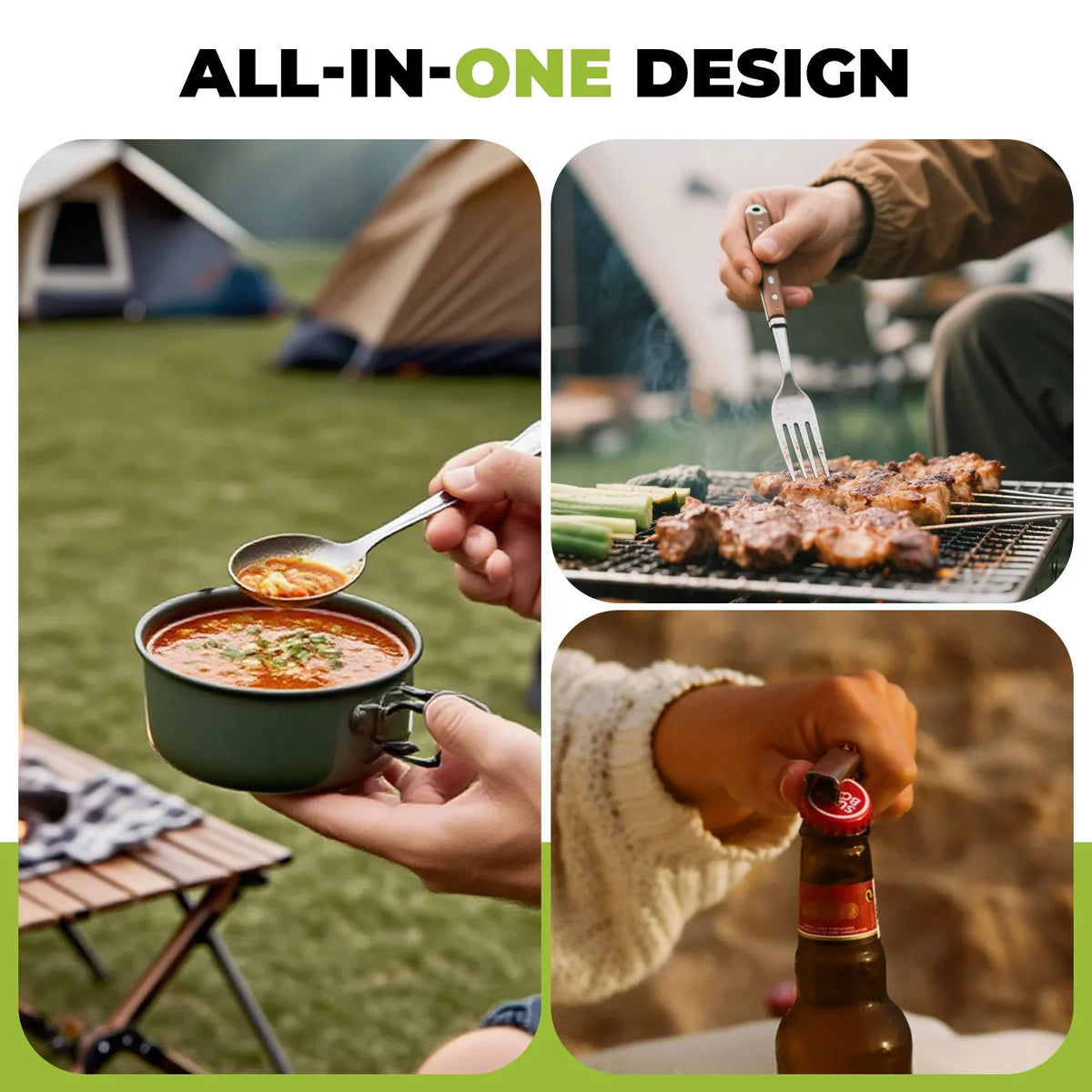 Collage of camping activities including soup, grilling, and opening a bottle.
