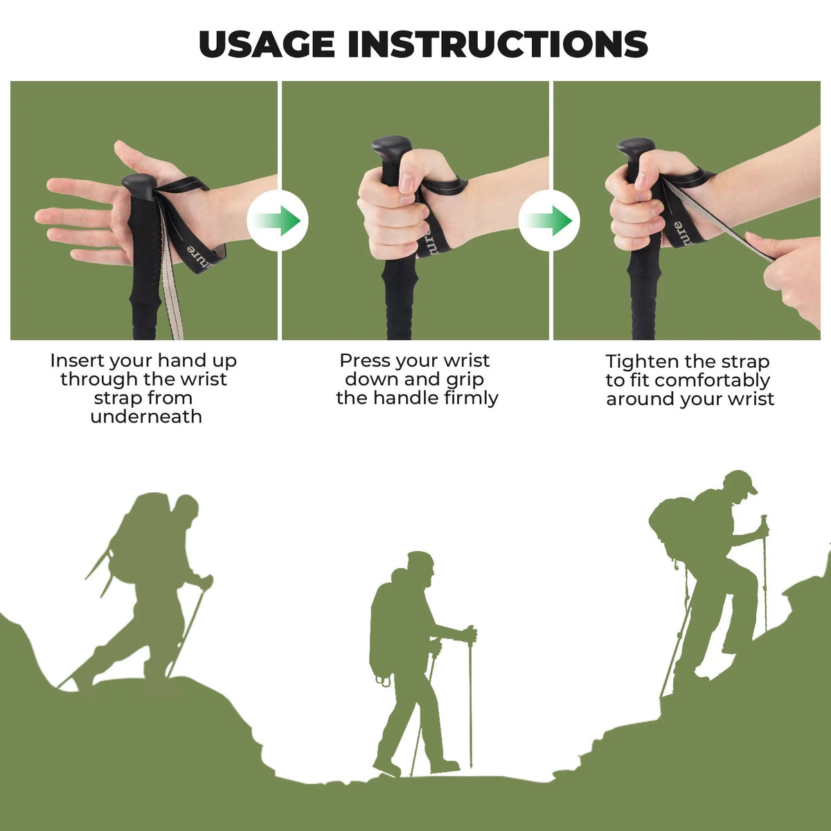 Usage instructions for a hiking wrist strap with illustrations of hands and hikers.
