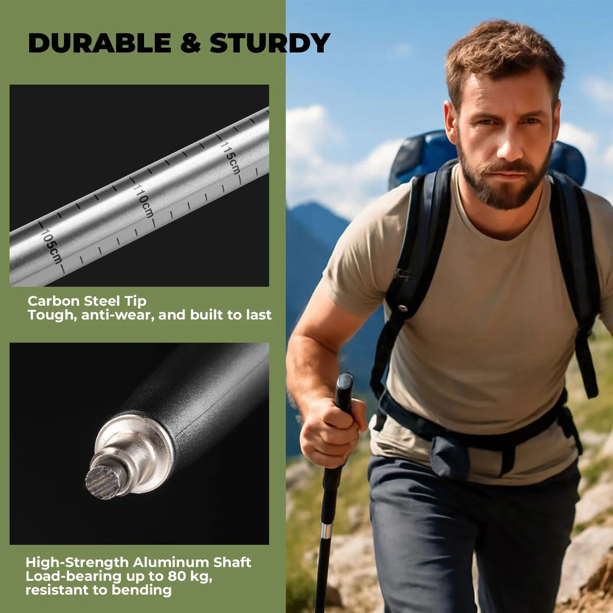 Man hiking with a backpack and walking stick, highlighting durable and sturdy features of the walking stick.