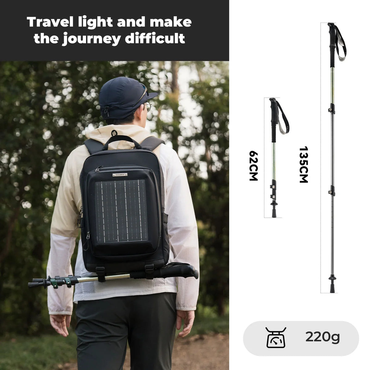 Person wearing a black backpack with solar panel, hiking pole, and measurement details on a white background.