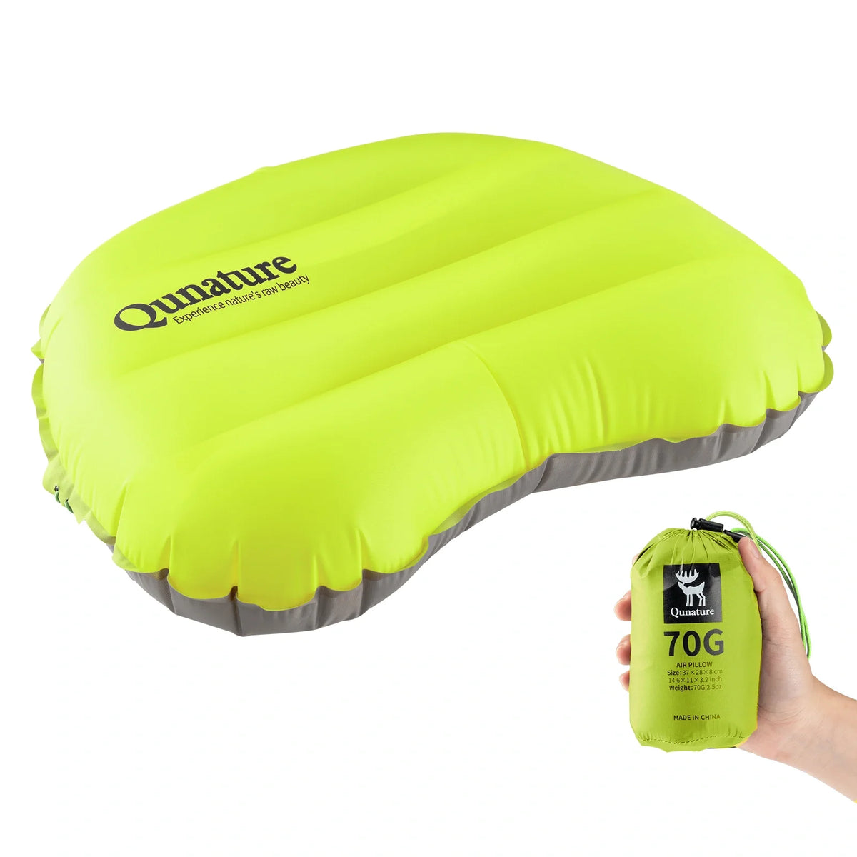 Green inflatable pillow with a carrying bag labeled '70G' on a white background #color_lime green