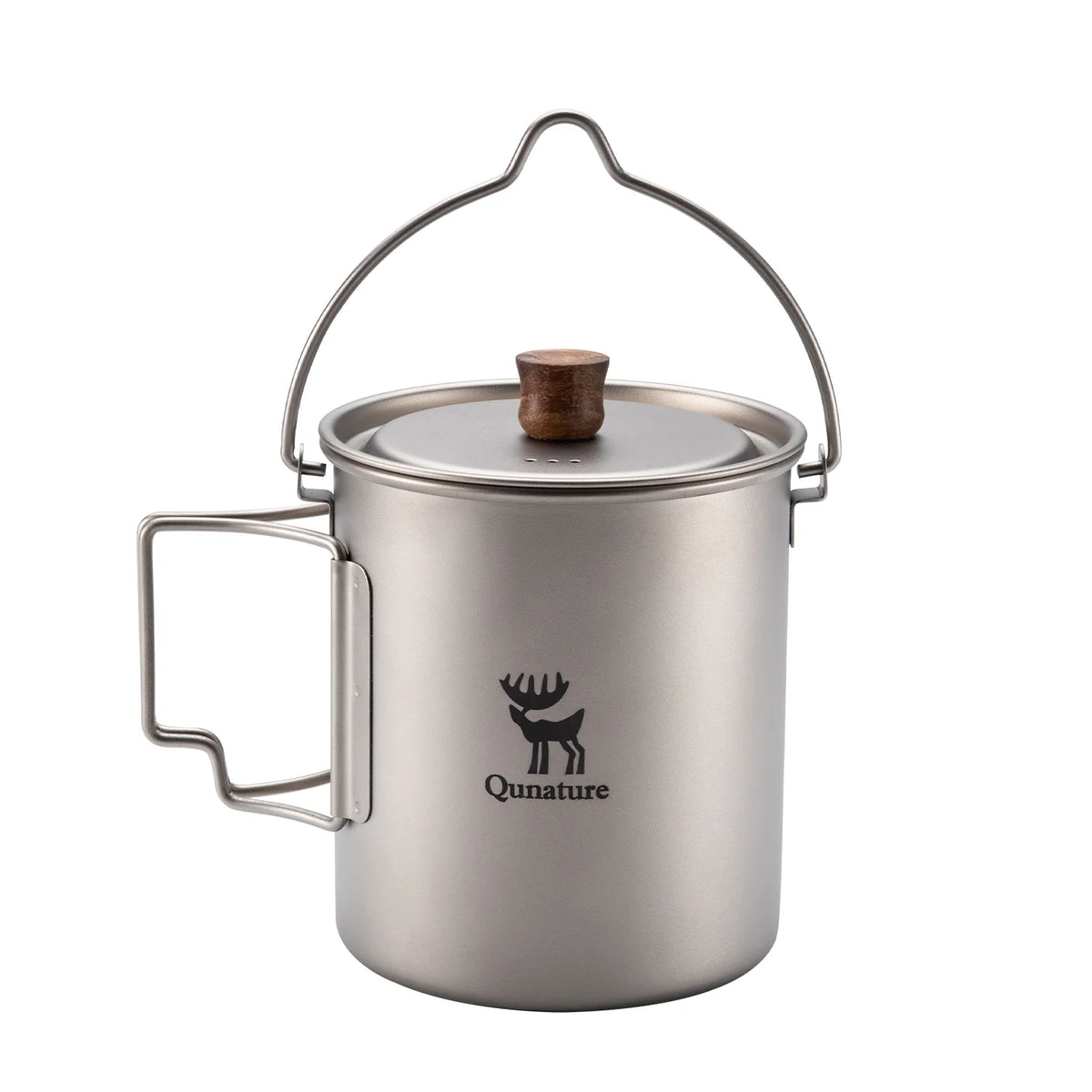 Stainless steel camping mug with wooden lid on a white background, featuring Qunature logo.