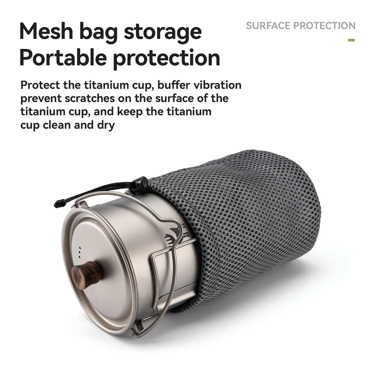 Titanium cup with mesh storage bag on a white background