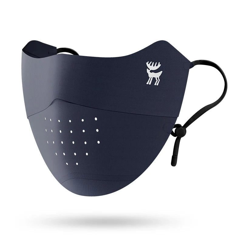 Navy blue face mask with a logo on a white background