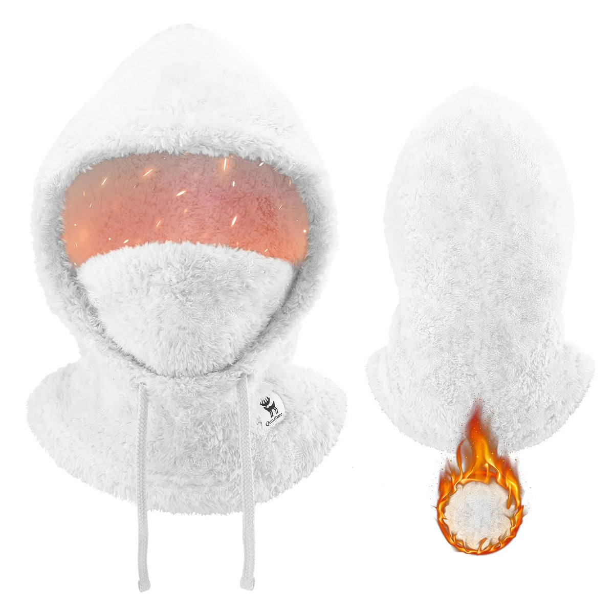 White fleece hood with a brand logo on a white background #color_White