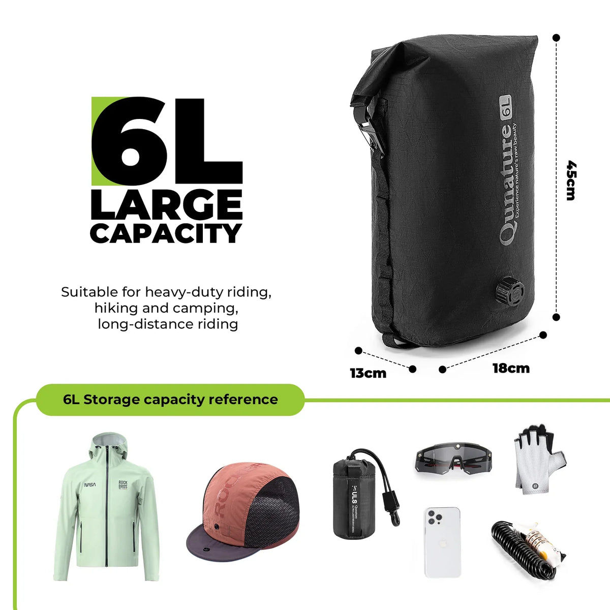 Black backpack with 6L capacity label, size dimensions, and storage capacity reference items on a white background.