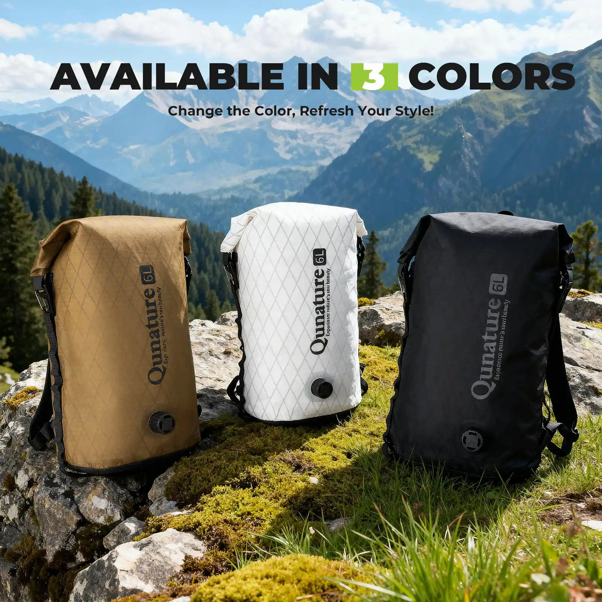 Three Qunature bags in beige, white, and black on a mountainous landscape with text about color options.