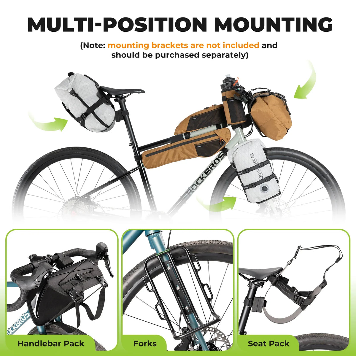 Bicycle with various bags and multi-position mounting system on a white background
