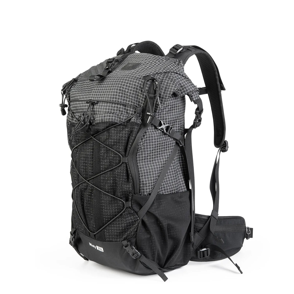 A black waterproof backpack with two mesh pockets on the side for hiking #Color_Black