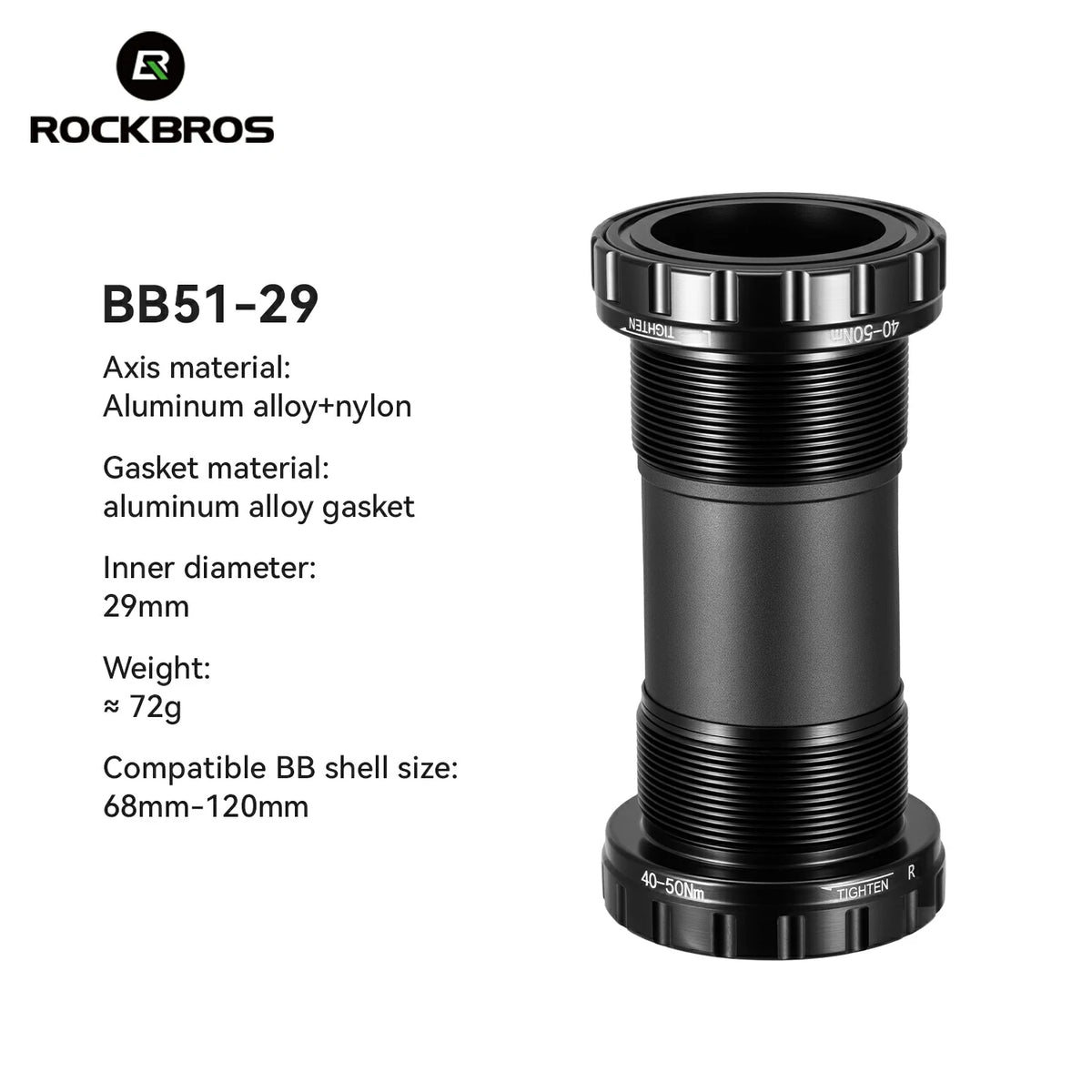RockBros BB51-29 bicycle bottom bracket with specifications on a white background #Size_ BB51-29