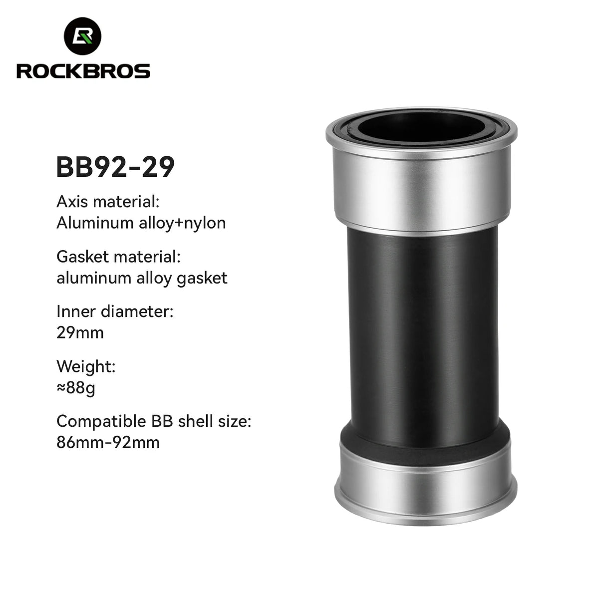RockBros BB92-29 bicycle bottom bracket with specifications on a white background #Size_ BB92-29