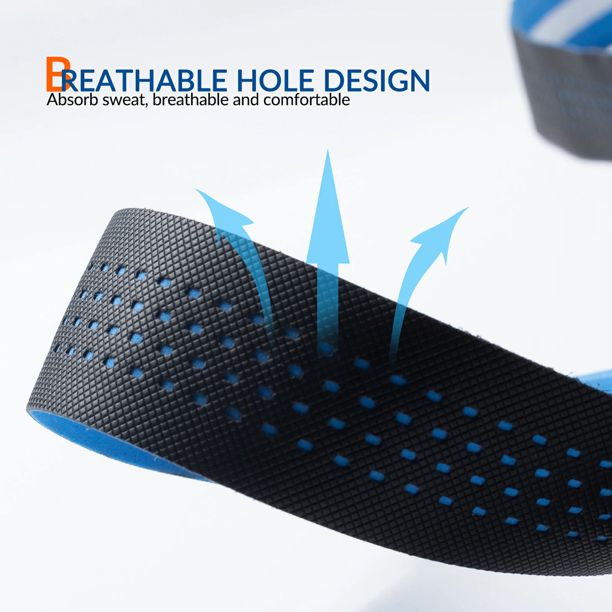 Close-up of a black textured athletic shoe insole with blue interior lining and perforated holes, shown with blue airflow arrows and the text 'BREATHABLE HOLE DESIGN' on a white background.