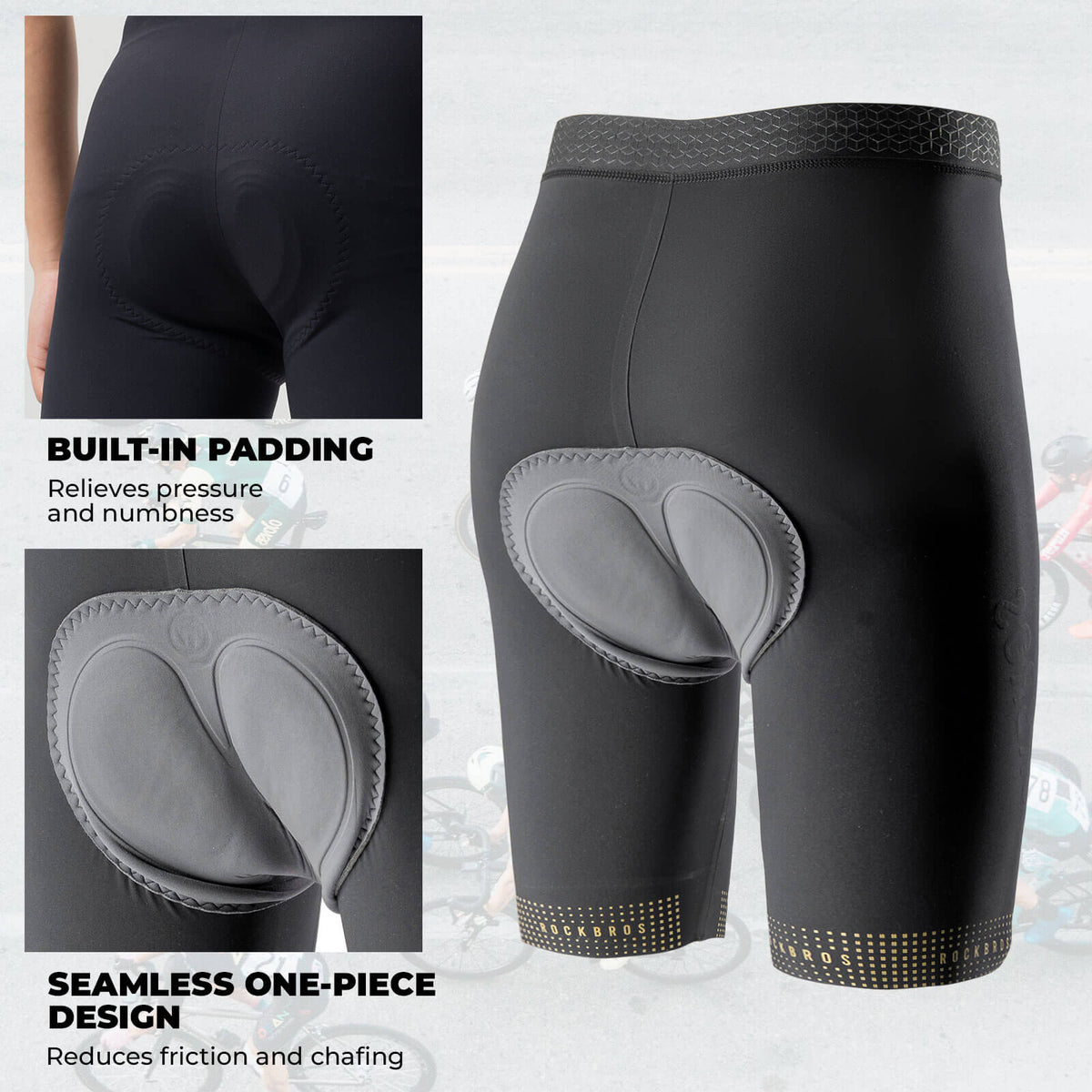 ROCKBROS men's cycling waist shorts YDDK012 with DOLOMITI pads, designed for comfort and support on long-distance rides.