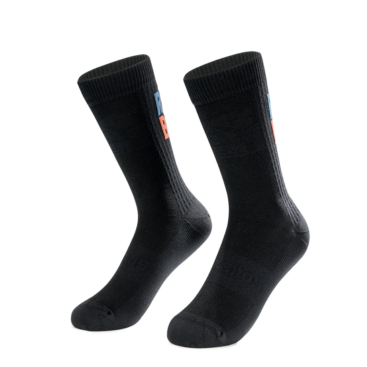 Pair of black socks with small colorful tags on a white background #color_black