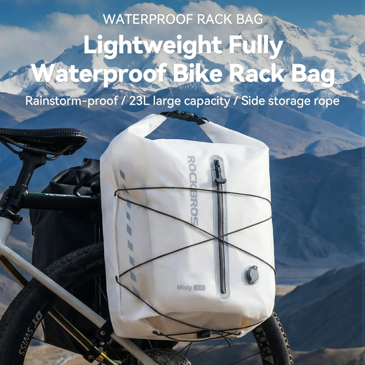 Waterproof bike rack bag on a bicycle with mountainous background