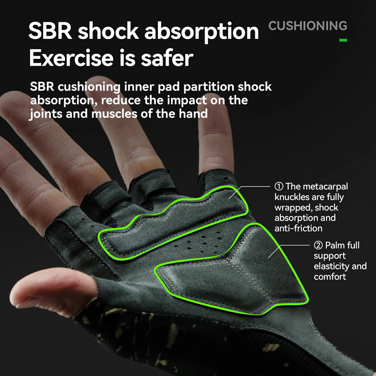Glove with SBR shock absorption technology on a dark background