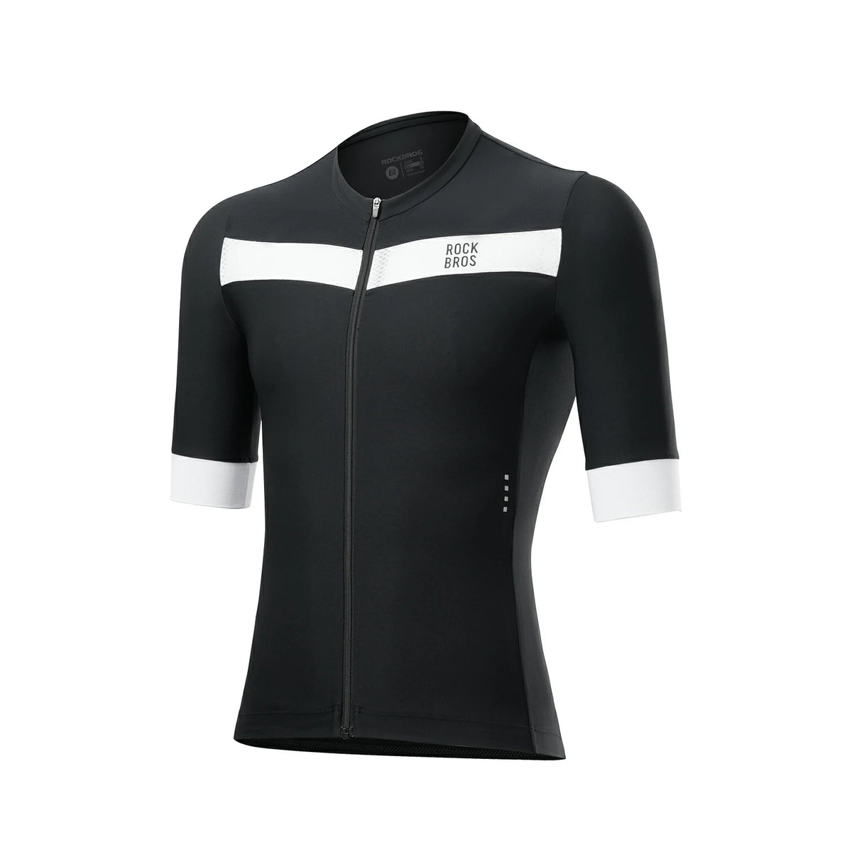 Black cycling jersey with white accents on a white background