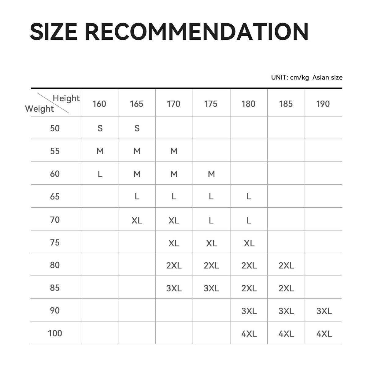 Size recommendation chart for clothing with height and weight ranges.