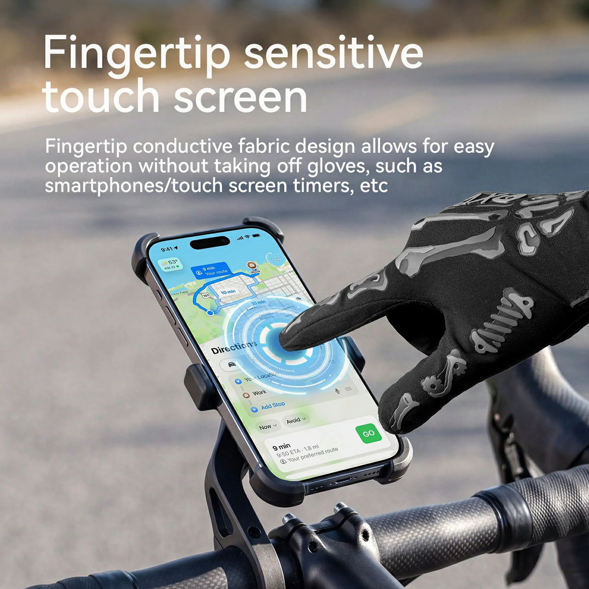 A black fingertip-sensitive touch screen phone mount holding a smartphone, shown attached to a bicycle handlebar with a gloved hand touching the screen. White text at the top explains the fingertip sensitive touch screen feature.