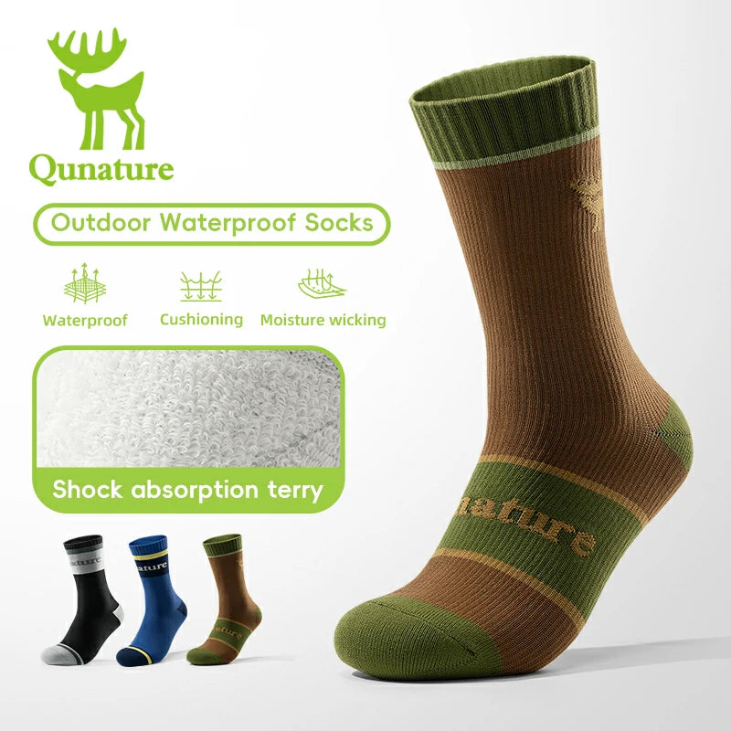 Brown and green outdoor waterproof sock with Qunature branding and features on a white background.