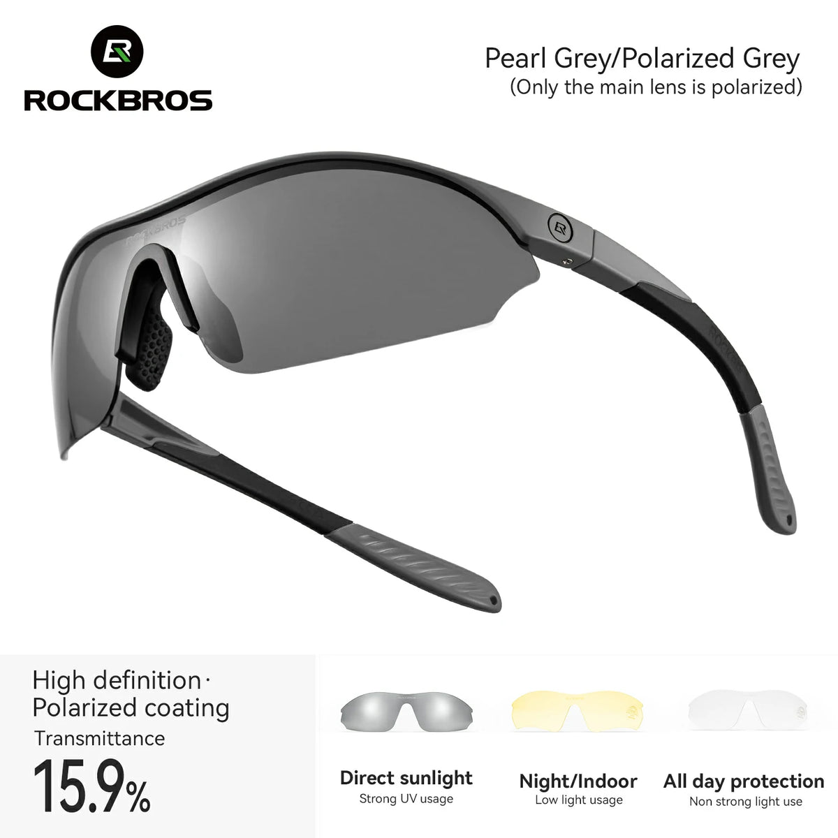 Rockbros sunglasses with pearl gray frame and polarized gray lens on a white background #Color_Gray