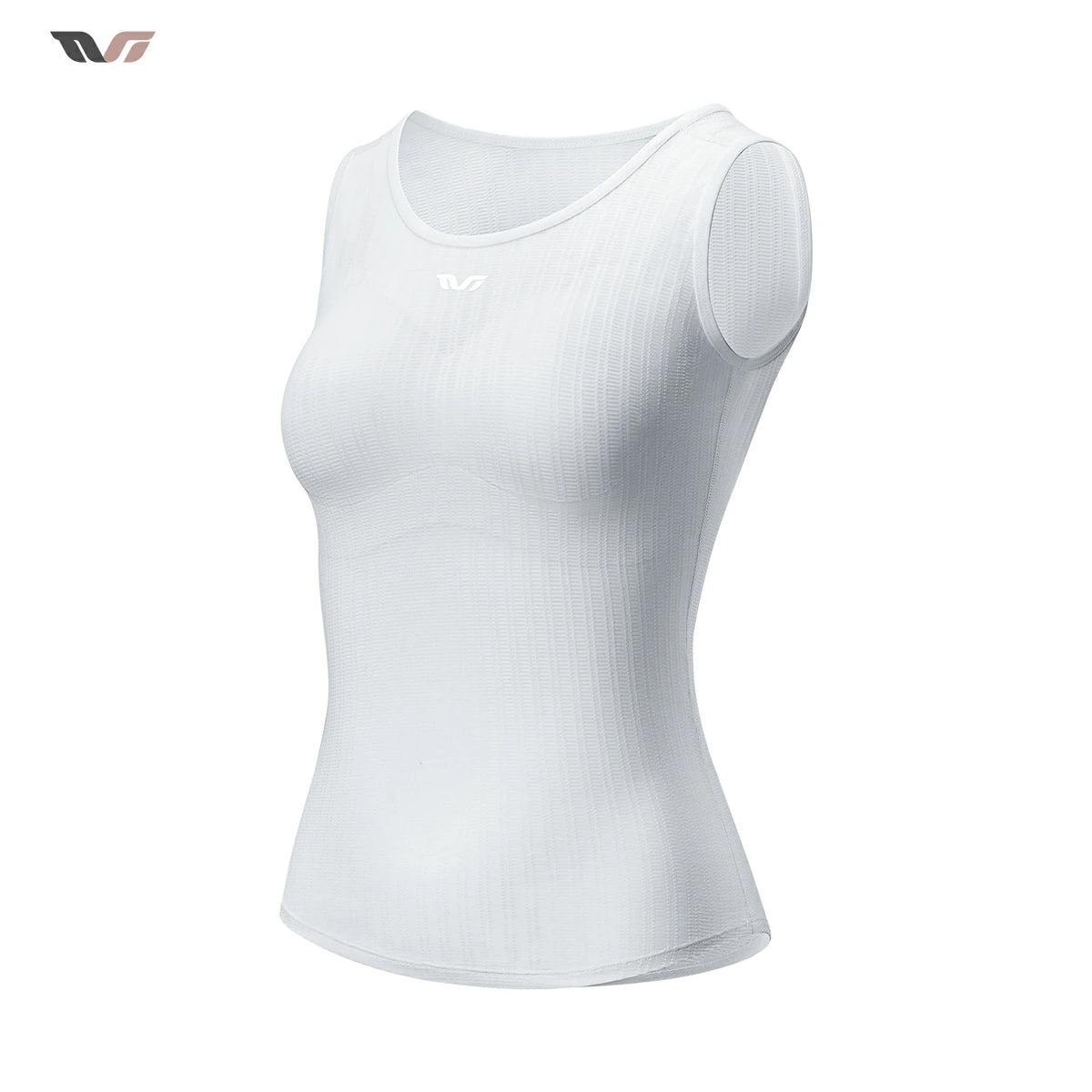 A white sleeveless athletic tank top with a scoop neckline and ribbed texture, shown on a plain white background with a small logo in the top-left corner. #Color_White