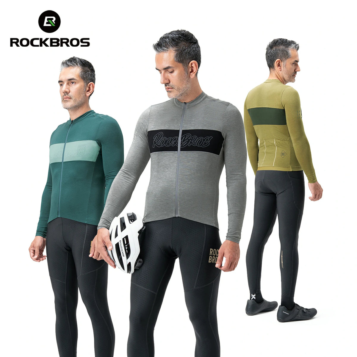 Three men wearing RockBros cycling outfits on a white background