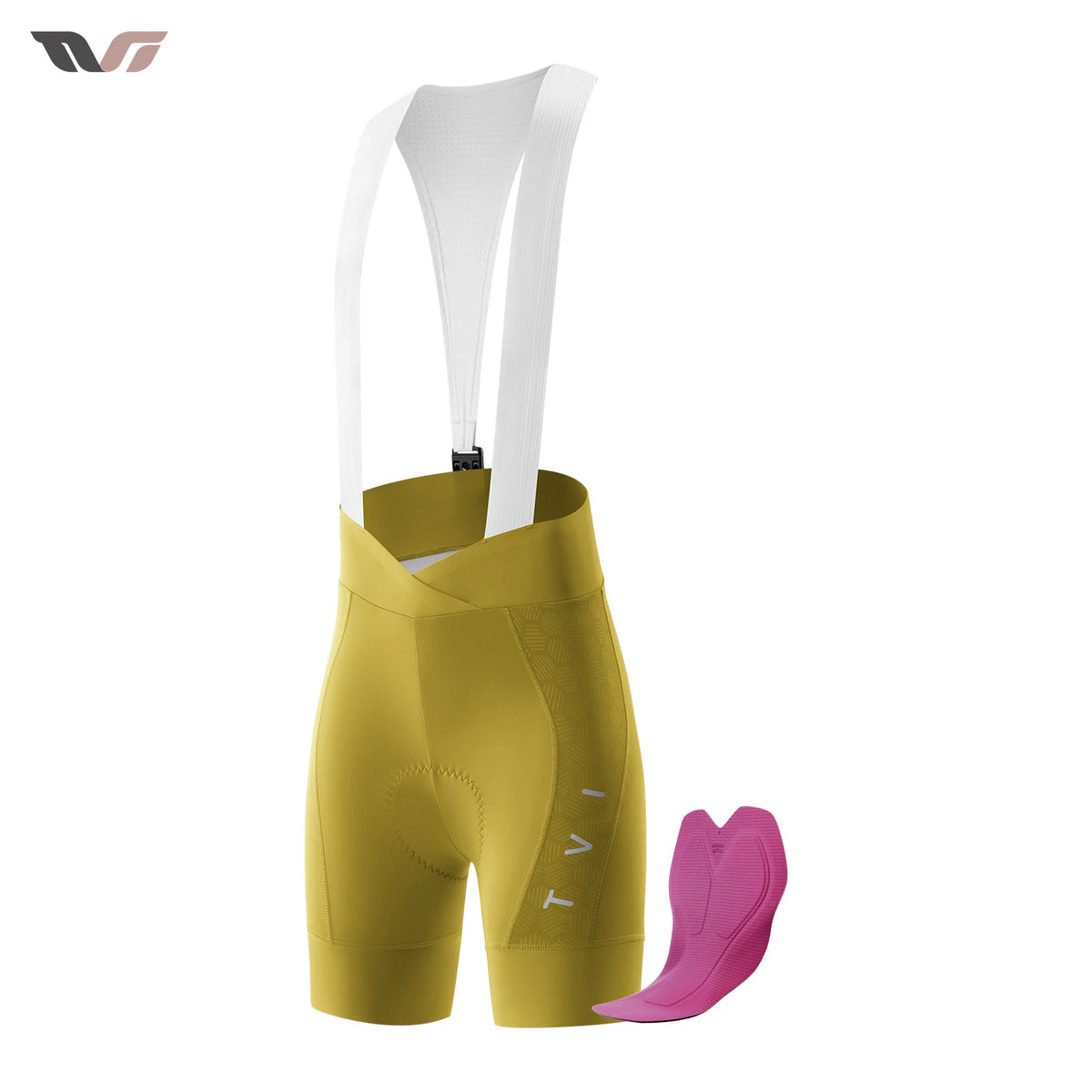 Yellow cycling bib shorts with white straps and a pink pad on a white background #color_Yellow