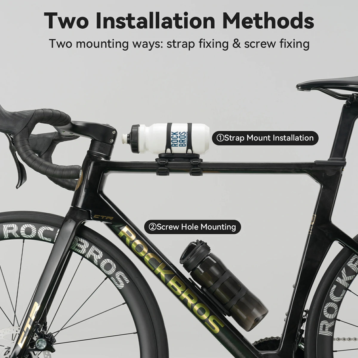 A bicycle frame with two mounted water bottles shown to demonstrate two installation methods: strap mount installation and screw hole mounting. The image includes text labels and a light gray background.