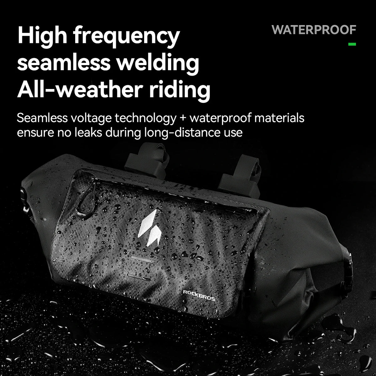 Waterproof bag with text highlighting high-frequency welding and all-weather riding features.