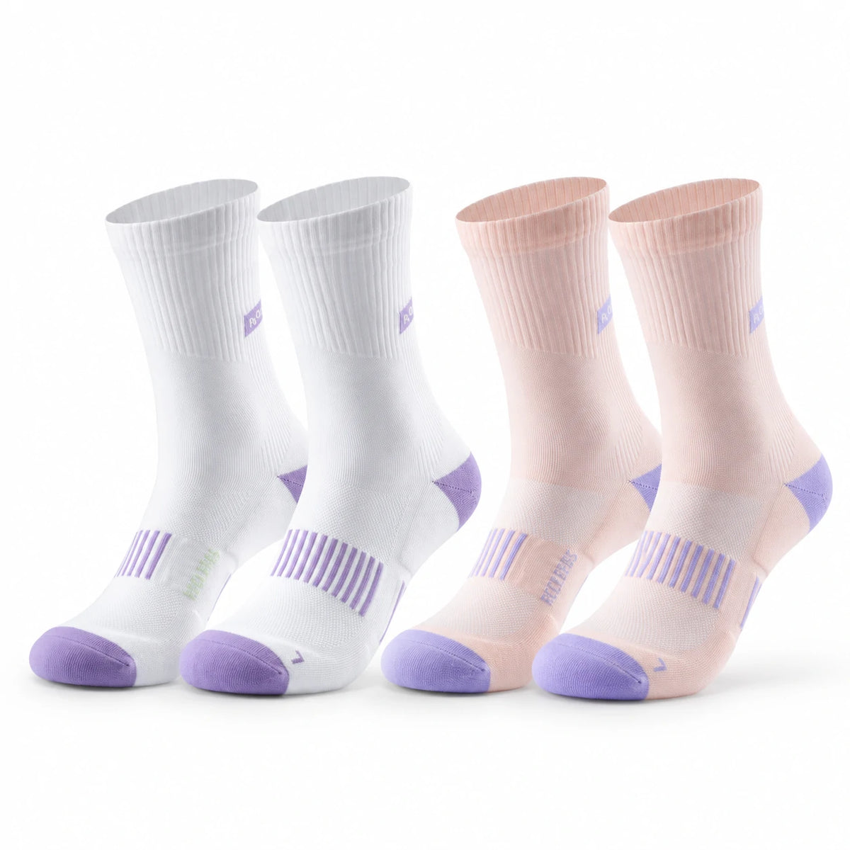 Four athletic crew socks arranged in two pairs on a white background: two white socks with light purple accents and two pale pink socks with light purple accents. #Color_white+pink