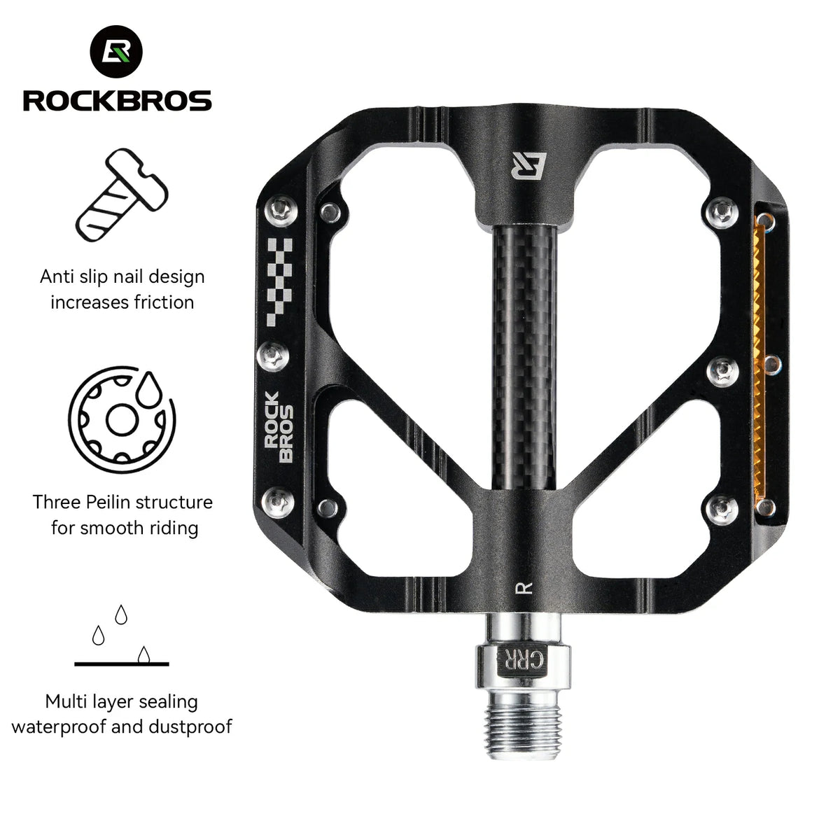 Rockbros carbon fiber bicycle pedal shown on a white background with feature callout icons and text. The pedal is black with a carbon fiber pattern, silver bolts, and a silver threaded spindle.