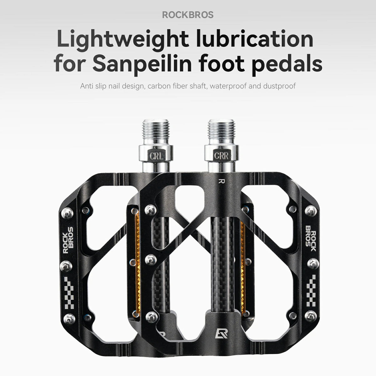Black Rockbros carbon fiber crank arms for Sanpeilin foot pedals, featuring a carbon fiber shaft, silver quick release nuts, and gold-colored inner pins, set against a light gray background with promotional text.