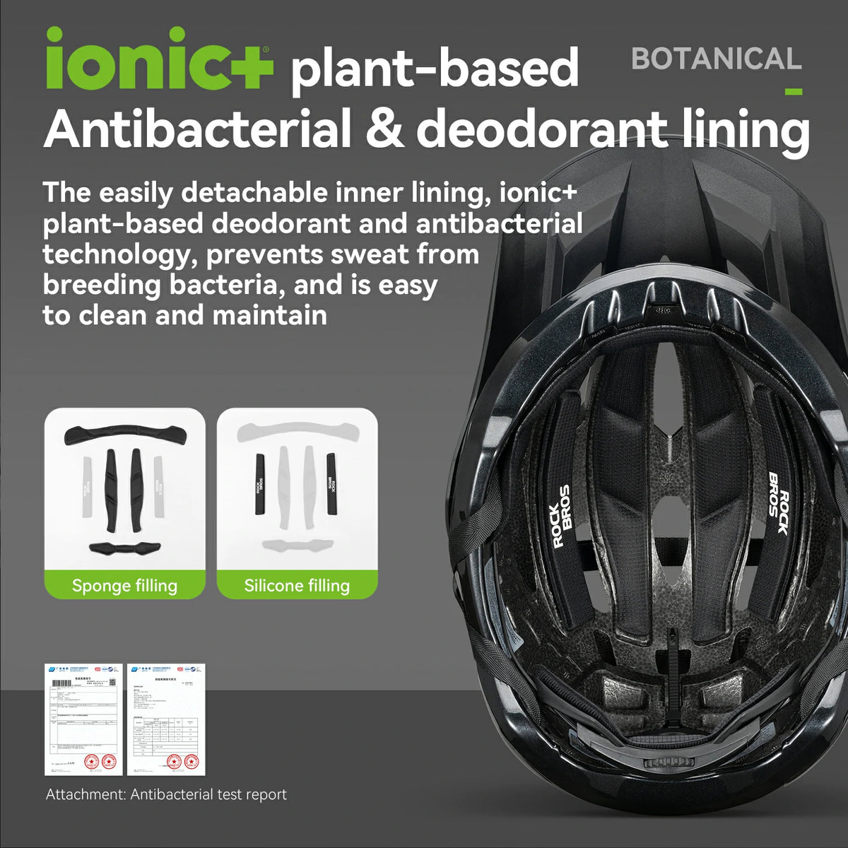 Black helmet with text about ionic+ plant-based antibacterial and deodorant lining on a gray background