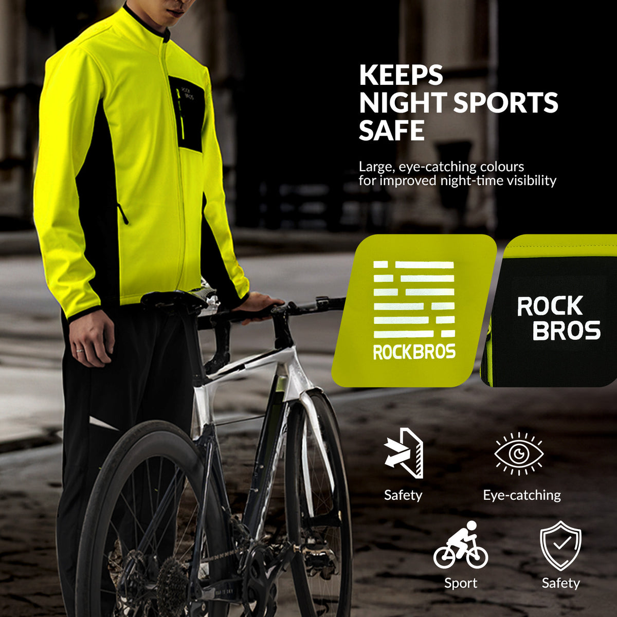 Person wearing a bright yellow jacket standing next to a bicycle on a dark street, with 'RockBros' branding and safety features highlighted.