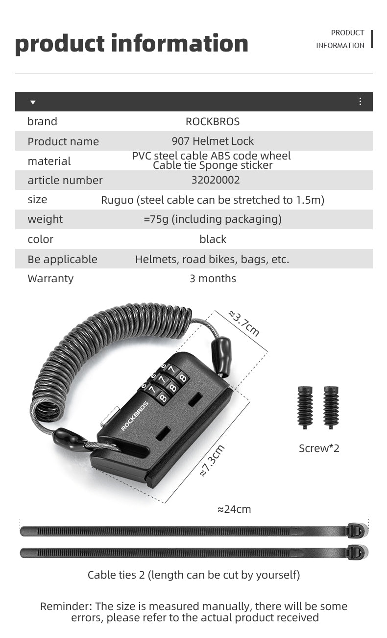 ROCKBROS 1.5M Portable Bicycle Cable Lock - Combination Helmet Lock - ROCKBROSUSA